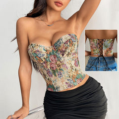 Floral Print Tube Vest Top With Back-tied Design INS Fashion Crop Corset Tank For Women Clothing