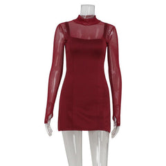 Square Collar Mesh Stitching Solid Color Waist Tight A- Line Dress