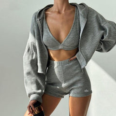 Knitted Zipper Sweater V-neck Triangle Cup Bra Shorts Casual Three-piece Suit