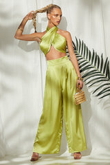 Solid Color Strapless Wide-Leg Pants Set