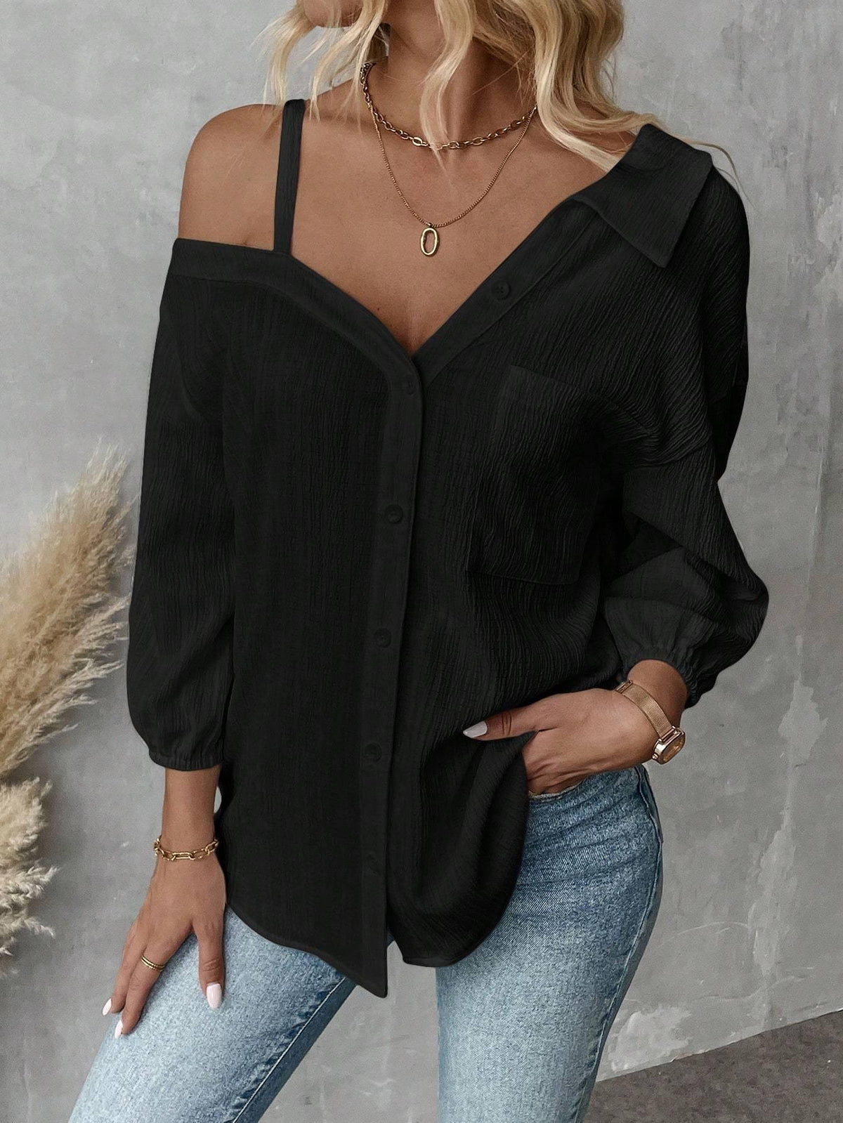 Fall Solid Color White Casual Blouse Spring And Summer Street Style Casual Asymmetrical Shoulder Shirt