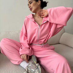 Women's Casual Solid Color Long Sleeve Zipper Sweatshirt Sweatpants Two-piece Set