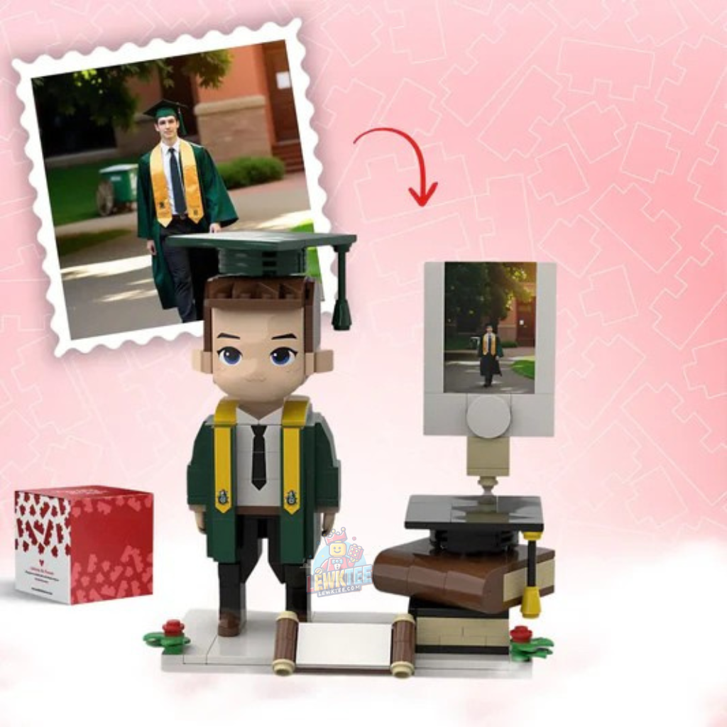 Graduation Lewktee Brick - FireGuardian Brick Lewktee - Full-Body Custom Brick Figure – Personalized 1 Person Sport with Frame, Small Particle Block Toy Perfect Gift for Him