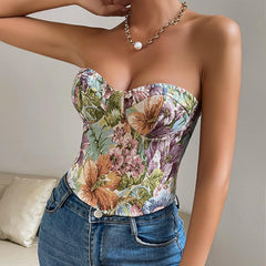 Floral Print Tube Vest Top With Back-tied Design INS Fashion Crop Corset Tank For Women Clothing