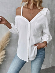 Fall Solid Color White Casual Blouse Spring And Summer Street Style Casual Asymmetrical Shoulder Shirt