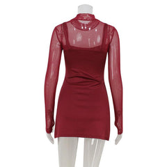 Square Collar Mesh Stitching Solid Color Waist Tight A- Line Dress