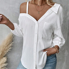 Fall Solid Color White Casual Blouse Spring And Summer Street Style Casual Asymmetrical Shoulder Shirt