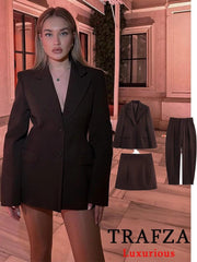 TRAFZA Chic Casual Solid Women Suit Pockets Button Blazer Straight Loose Pants Zipper Skirt New Fashion 2025 Spring Summer Sets