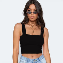 Square Neck Sleeveless Summer Crop Top White Women Black Casual Basic T Shirt Off Shoulder Cami Backless Tank Top