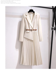 Vintage Pleated Belt Patchwork One Piece Blazer Dress Women Elegant Office Ladies Long Sleeve Notched Female Autumn Midi Vestido