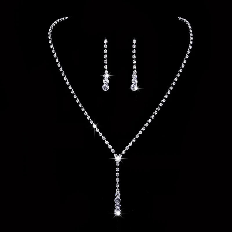 Fashion Crystal Bride Jewelry Set Rhinestone Silver-plated Wedding Dress Banquet Necklace Earring Set Ladies Gift