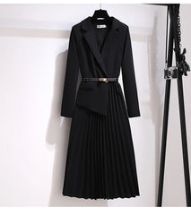 Vintage Pleated Belt Patchwork One Piece Blazer Dress Women Elegant Office Ladies Long Sleeve Notched Female Autumn Midi Vestido