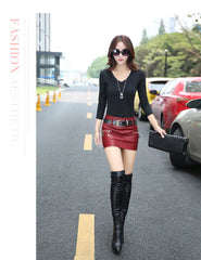 Package Hip Women Skirt Short Big Size Leather Skirt Mini Pencil Skirt Red And Black Jupe