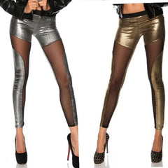 Women gold silver Leggings Gril DISCO Punk Rock Leggins gothic PatchWork pant bar club party pants Transparent mesh Legging