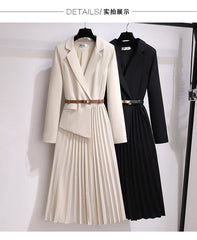 Vintage Pleated Belt Patchwork One Piece Blazer Dress Women Elegant Office Ladies Long Sleeve Notched Female Autumn Midi Vestido