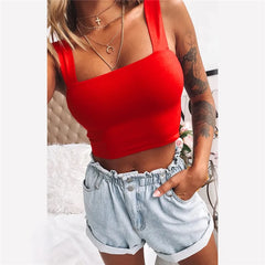 Square Neck Sleeveless Summer Crop Top White Women Black Casual Basic T Shirt Off Shoulder Cami Backless Tank Top