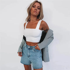 Square Neck Sleeveless Summer Crop Top White Women Black Casual Basic T Shirt Off Shoulder Cami Backless Tank Top