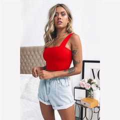 Square Neck Sleeveless Summer Crop Top White Women Black Casual Basic T Shirt Off Shoulder Cami Backless Tank Top