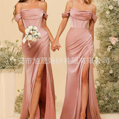 Long Satin Bridesmaid Dress Women's Thin Strap Prom Dress with Twill Evening Gown