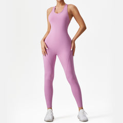 European and American Peach Butt Lifting Sports Bodysuit for Women, High-Intensity Dance, Running, Fitness Wear, Bare Feel Yoga Jumpsuit with Long Pants