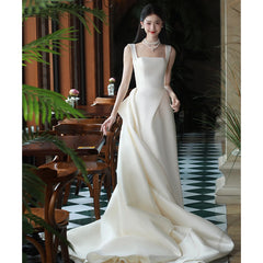 Satin Wedding Dress with High-End Feel, Simple and Elegant, for Certificate Registration and Reception, Slimming Style for Outdoor Photography, Evening Gown