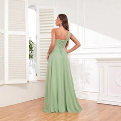 2025 New Cross-Border Evening Dress One-Shoulder Slit Tie Long Chiffon Christmas Party Dress Foreign Trade Dress