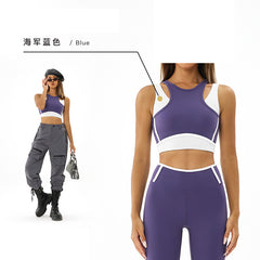 Color-Block Seamless Yoga Suit Tight Running Sports Shockproof Quick-Dry Fitness Yoga Outfit Two-Piece Set for Women