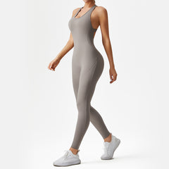 European and American Peach Butt Lifting Sports Bodysuit for Women, High-Intensity Dance, Running, Fitness Wear, Bare Feel Yoga Jumpsuit with Long Pants