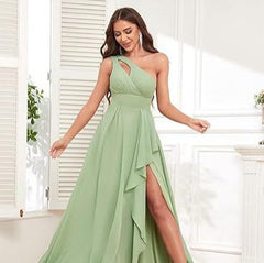 2025 New Cross-Border Evening Dress One-Shoulder Slit Tie Long Chiffon Christmas Party Dress Foreign Trade Dress