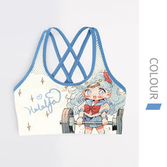 Cute Cartoon Sports Bra for Women, Breathable Anti-Shock Sports Vest, Yoga Top, Beautiful Back Design with Chest Pads