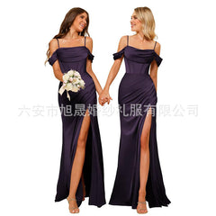 Long Satin Bridesmaid Dress Women's Thin Strap Prom Dress with Twill Evening Gown