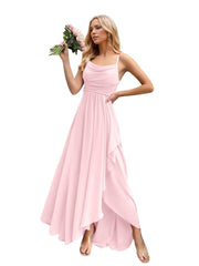 Chiffon Pleated Bridesmaid Evening Dress Short Front Long Back Off-Shoulder Party Prom Dress