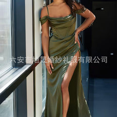 Long Satin Bridesmaid Dress Women's Thin Strap Prom Dress with Twill Evening Gown