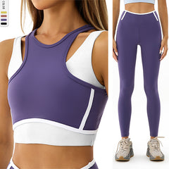 Color-Block Seamless Yoga Suit Tight Running Sports Shockproof Quick-Dry Fitness Yoga Outfit Two-Piece Set for Women