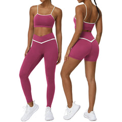 New Cross-Border Color Block Yoga Suit Set Bare Feel Butt-Lifting Sports Casual Fitness Outfit Cross-Waist Yoga Pants