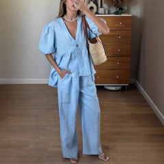 New Sweet Solid Color Set for Spring/Summer 2025, Pure Cotton V-Neck Top with Puff Short Sleeves and Long Pants - 2-Piece Set