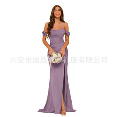 Long Satin Bridesmaid Dress Women's Thin Strap Prom Dress with Twill Evening Gown