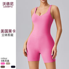 European and American Lulu One-Piece Yoga Suit with Beautiful Back, Abdominal Control, Butt Lifting, Tight-Fitting, High Elasticity Bodysuit, Three-Quarter Pants Fitness Wear