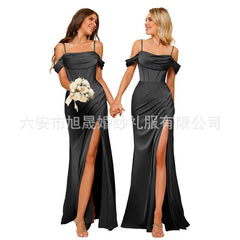 Long Satin Bridesmaid Dress Women's Thin Strap Prom Dress with Twill Evening Gown