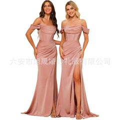 Long Satin Bridesmaid Dress Women's Thin Strap Prom Dress with Twill Evening Gown