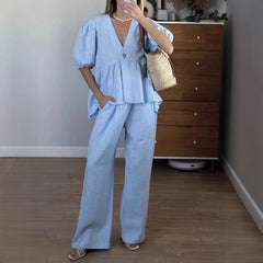 New Sweet Solid Color Set for Spring/Summer 2025, Pure Cotton V-Neck Top with Puff Short Sleeves and Long Pants - 2-Piece Set