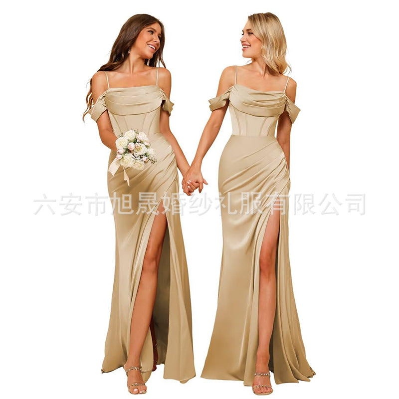 Long Satin Bridesmaid Dress Women's Thin Strap Prom Dress with Twill Evening Gown