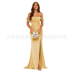 Long Satin Bridesmaid Dress Women's Thin Strap Prom Dress with Twill Evening Gown