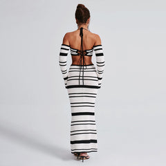 2025 Lace-up Short Crop Top with a Belly Button and Beach Bohemian Color-block Long Striped Skirt Beach Set for Women