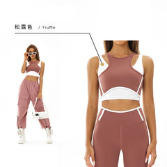 Color-Block Seamless Yoga Suit Tight Running Sports Shockproof Quick-Dry Fitness Yoga Outfit Two-Piece Set for Women