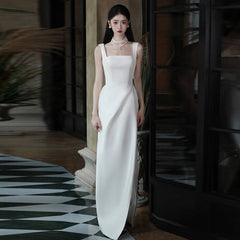 Satin Wedding Dress with High-End Feel, Simple and Elegant, for Certificate Registration and Reception, Slimming Style for Outdoor Photography, Evening Gown