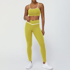 New Cross-Border Color Block Yoga Suit Set Bare Feel Butt-Lifting Sports Casual Fitness Outfit Cross-Waist Yoga Pants