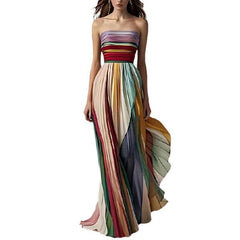 Women's Tube Top Backless Printed Color Swing Maxi Dress