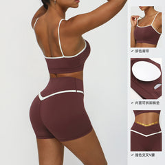 New Cross-Border Color Block Yoga Suit Set Bare Feel Butt-Lifting Sports Casual Fitness Outfit Cross-Waist Yoga Pants