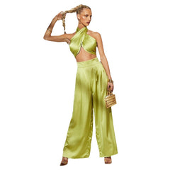 Solid Color Strapless Wide-Leg Pants Set